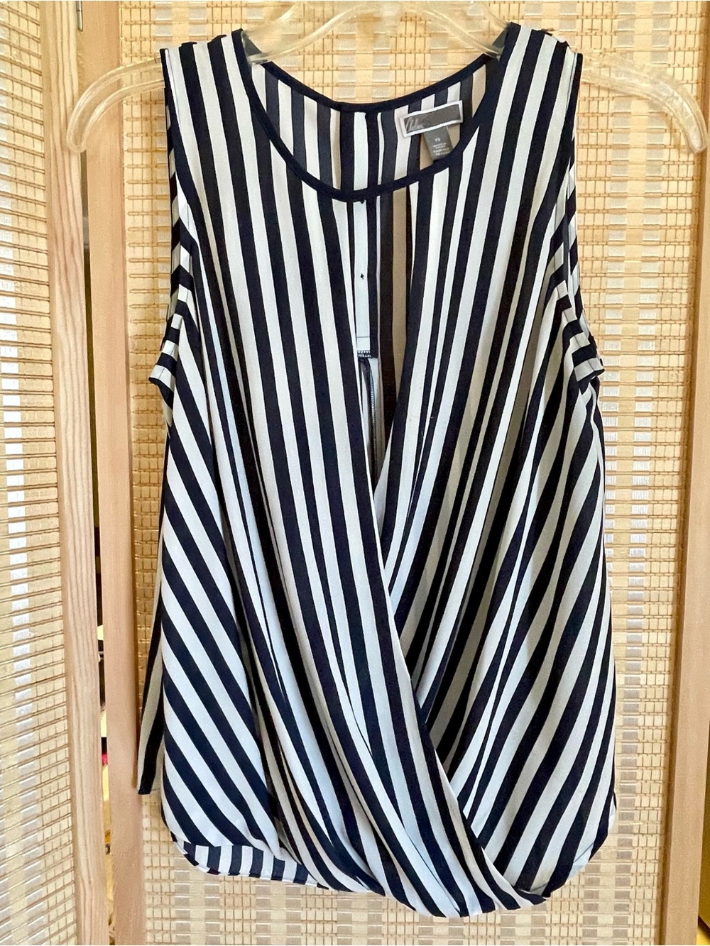 Chelsea28 Navy  and White Striped Sleeveless faux Wrap Top